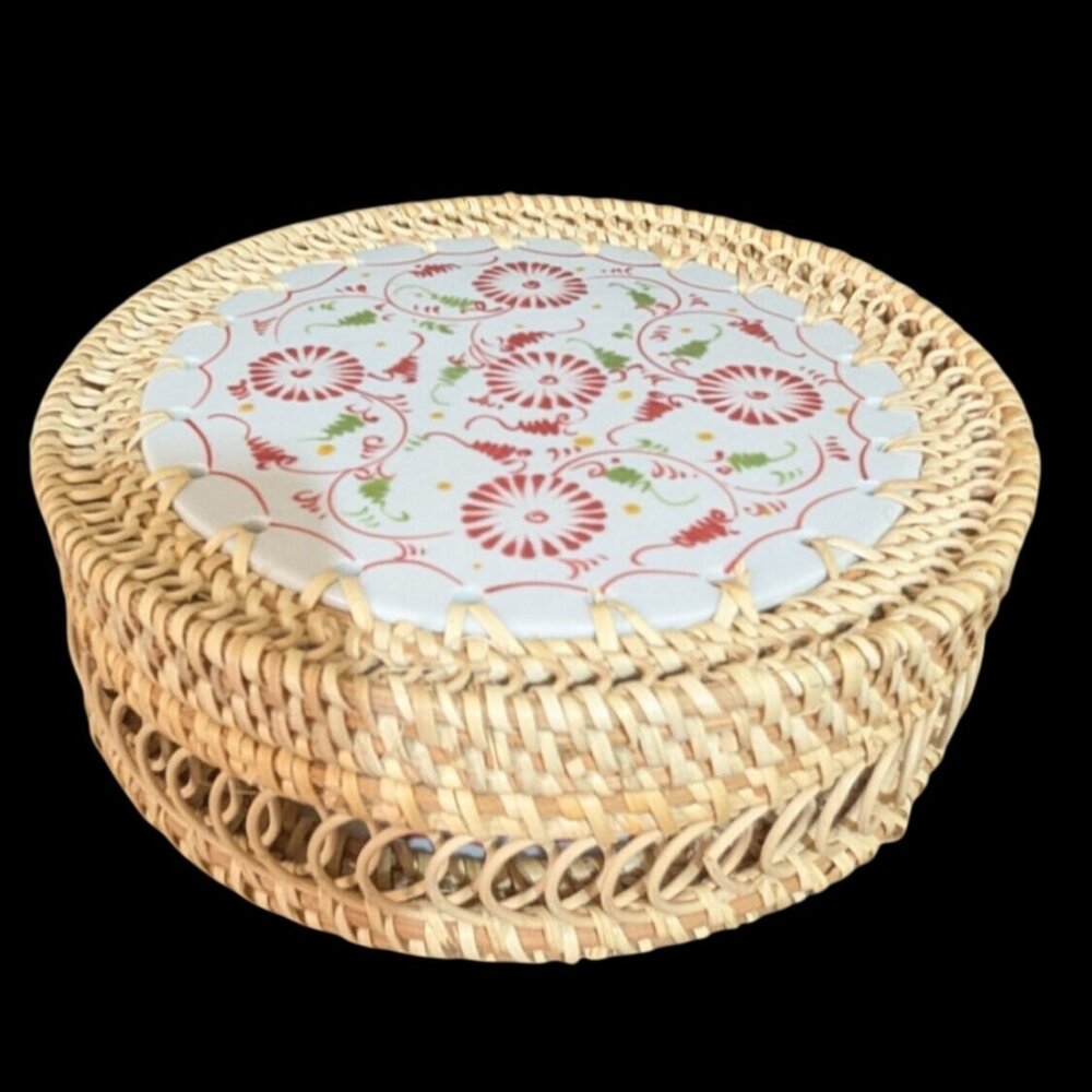 Wicker Ceramic Lidded Basket 10"‎ Round Storage Box Handmade Floral Design